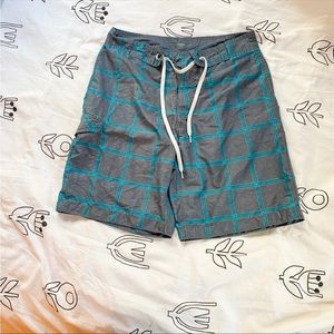 Mens old navy striped checkered grey and blue bathing suit with mesh inside